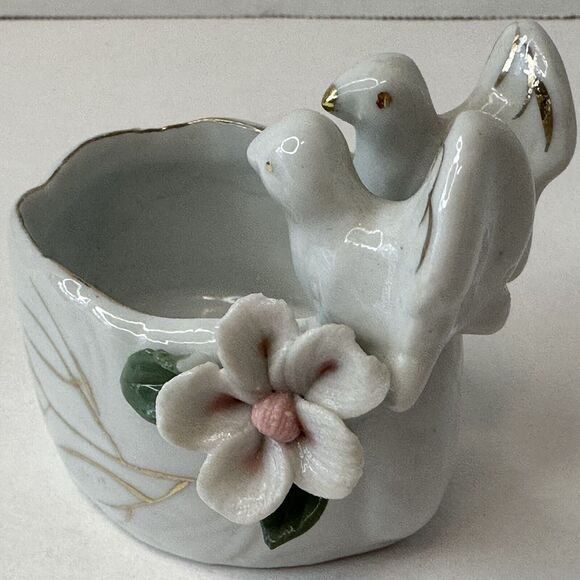Vintage Doves Flower Planter Trinket Ring Box White w/Gold Trim Pink Floral RARE - Picture 6 of 13